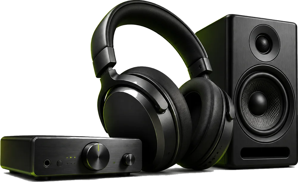 Headphones, desktop amplifier and bookshelf speaker